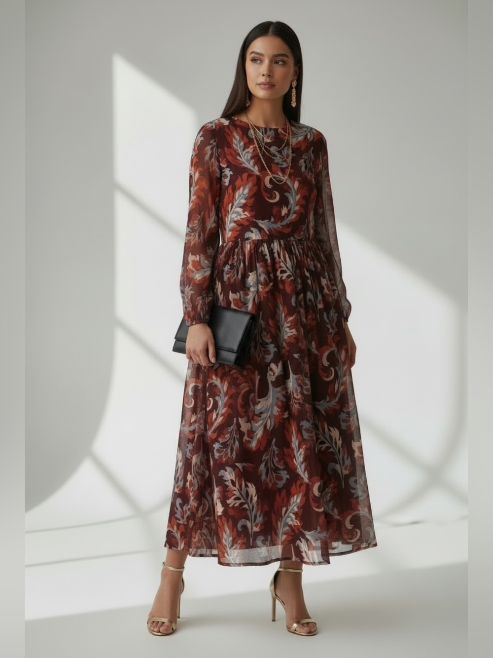 Merokeety Long-Sleeve Burgundy Leaf-Print Midi Dress